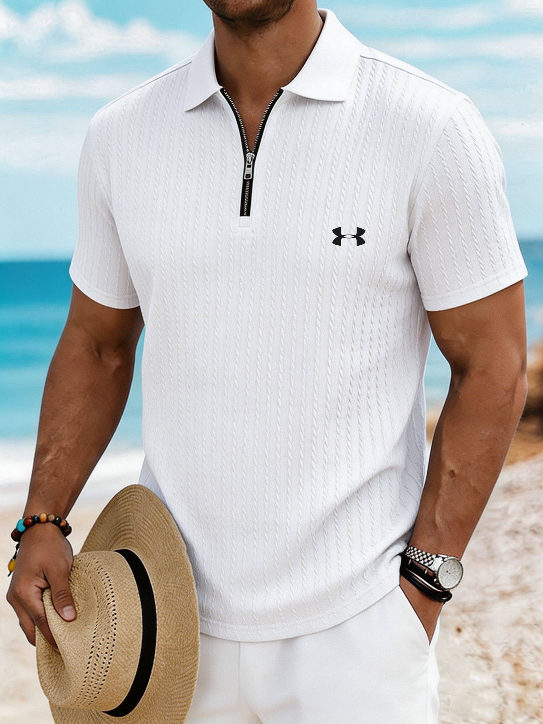 Men’s Breathable Textured Zip Polo – Your Go-To Summer Vacation Shirt