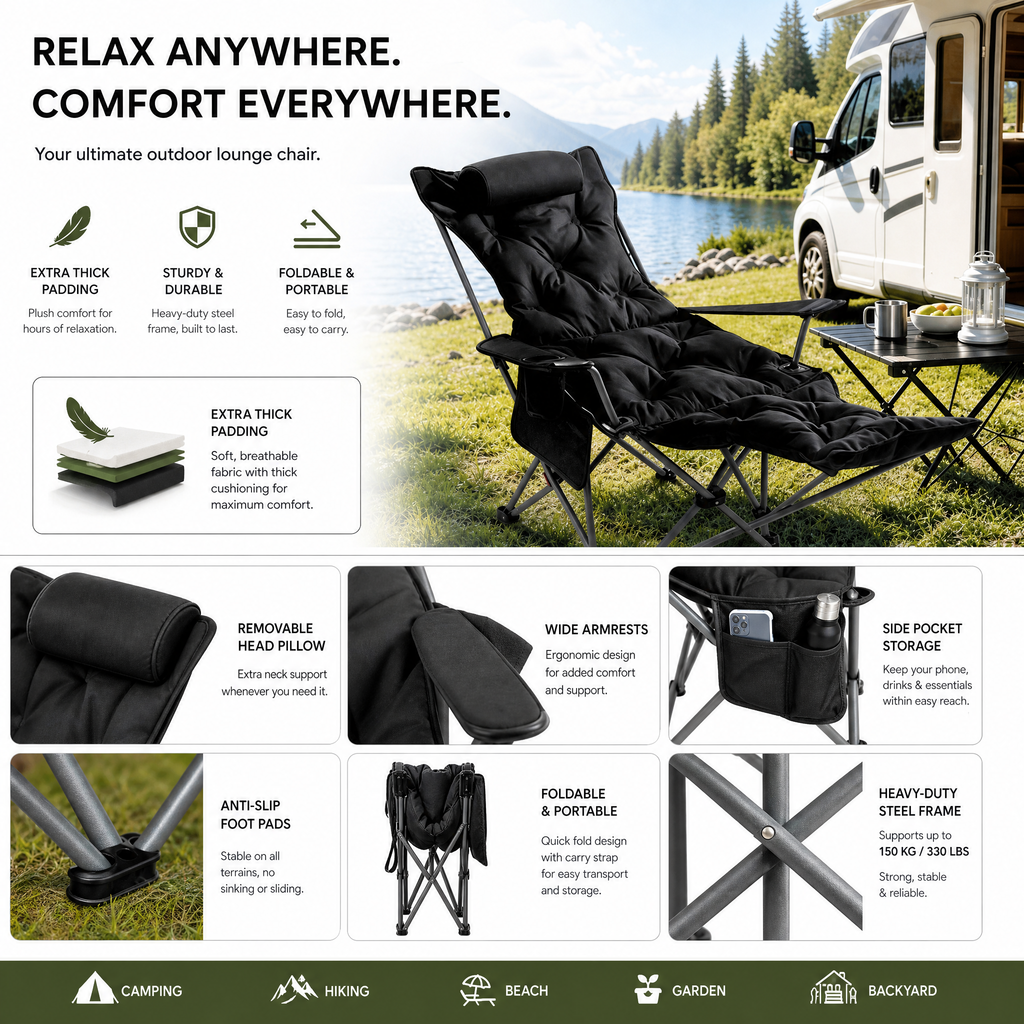 🪑  Portable, adjustable folding chair for outdoor use—lightweight, sturdy, and versatile—perfect for the garden, camping, the beach, or the patio—easy to carry and set up 🏕️✨