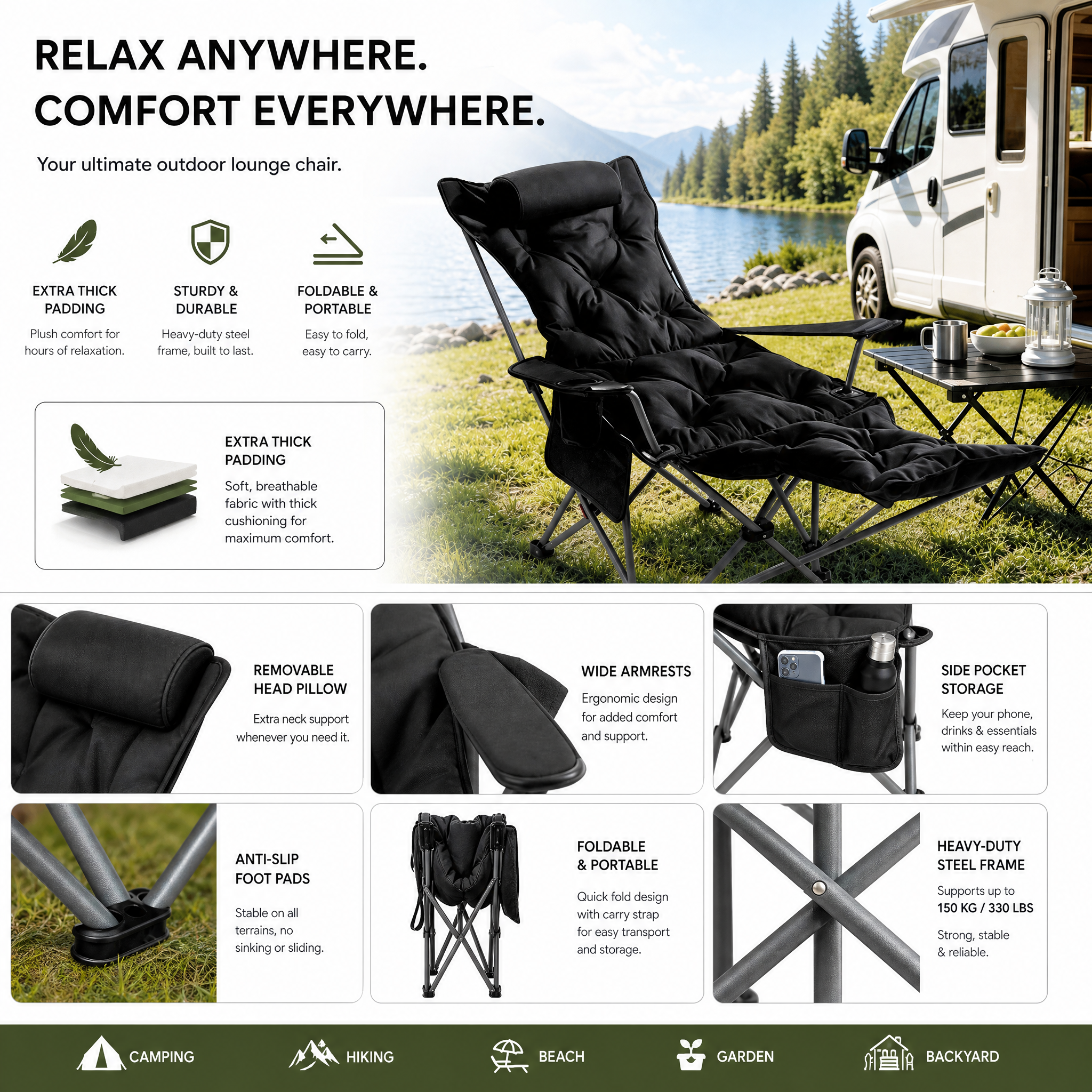 🪑  Portable, adjustable folding chair for outdoor use—lightweight, sturdy, and versatile—perfect for the garden, camping, the beach, or the patio—easy to carry and set up 🏕️✨
