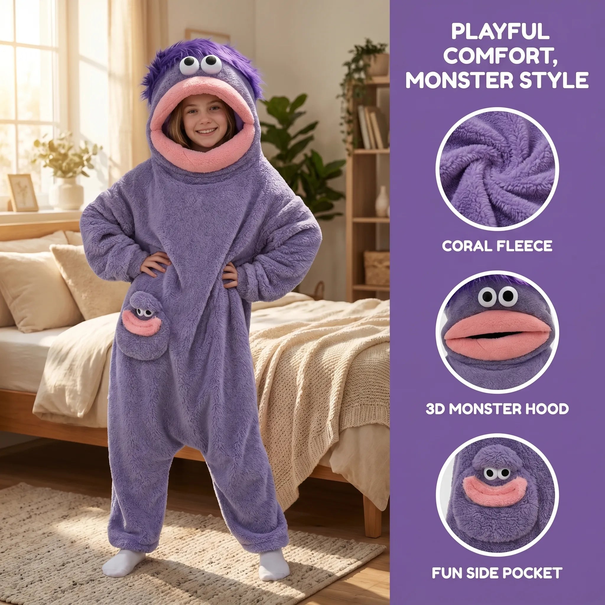 Funny Big Mouth Monster Onesie Pajamas with Large Comb – Oversized Plush Fleece Hooded One Piece for Sleep & Party